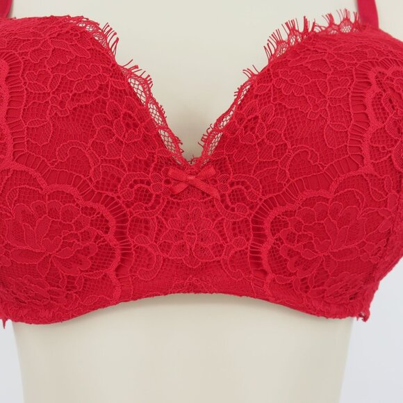 Victorias Secret 36D Dream Angels Padded No Wire Bra Red Lace Bow Wireless Sexy - Picture 3 of 15